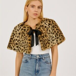 Faux Leopard Print Fur Capelet with Ribbon Tie